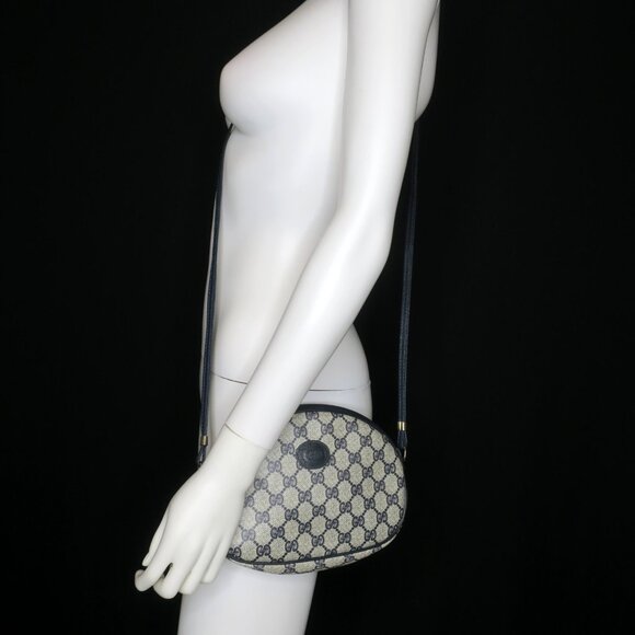 Vintage Gucci GG Leather Crossbody Bag Navy Blue Web Monogram Oval Purse - Picture 11 of 11